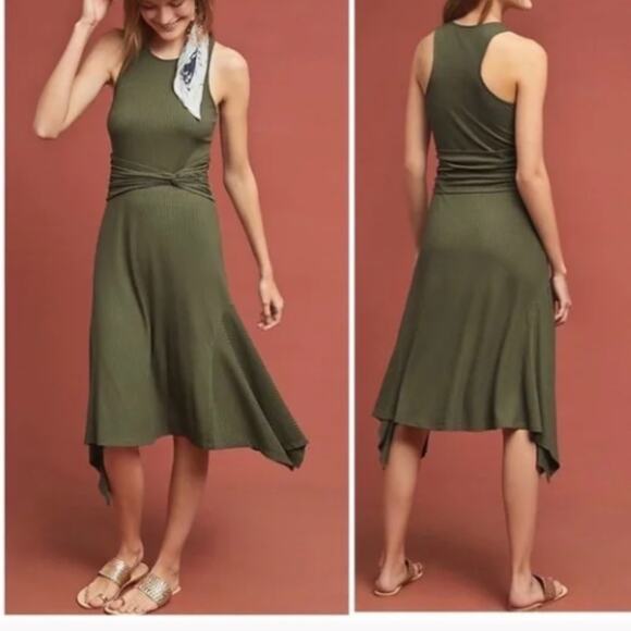 Anthropologie Kingsolver Ribbed Army Green Midi Dress XS - Picture 1 of 6